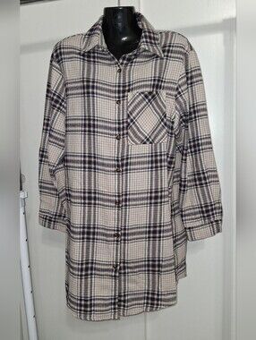 Know. One. Cares Plaid  Button-Up Flannels Shacket in Beige and Navy Size Medium